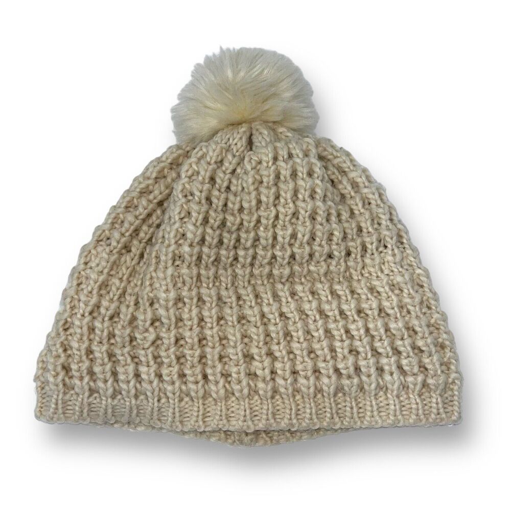 Unbranded Canadian Wool Blend Knit Cream Beanie with Poof